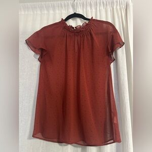 Express Sheer Rust colored top 375$ ruffle mock neck and short sleeves